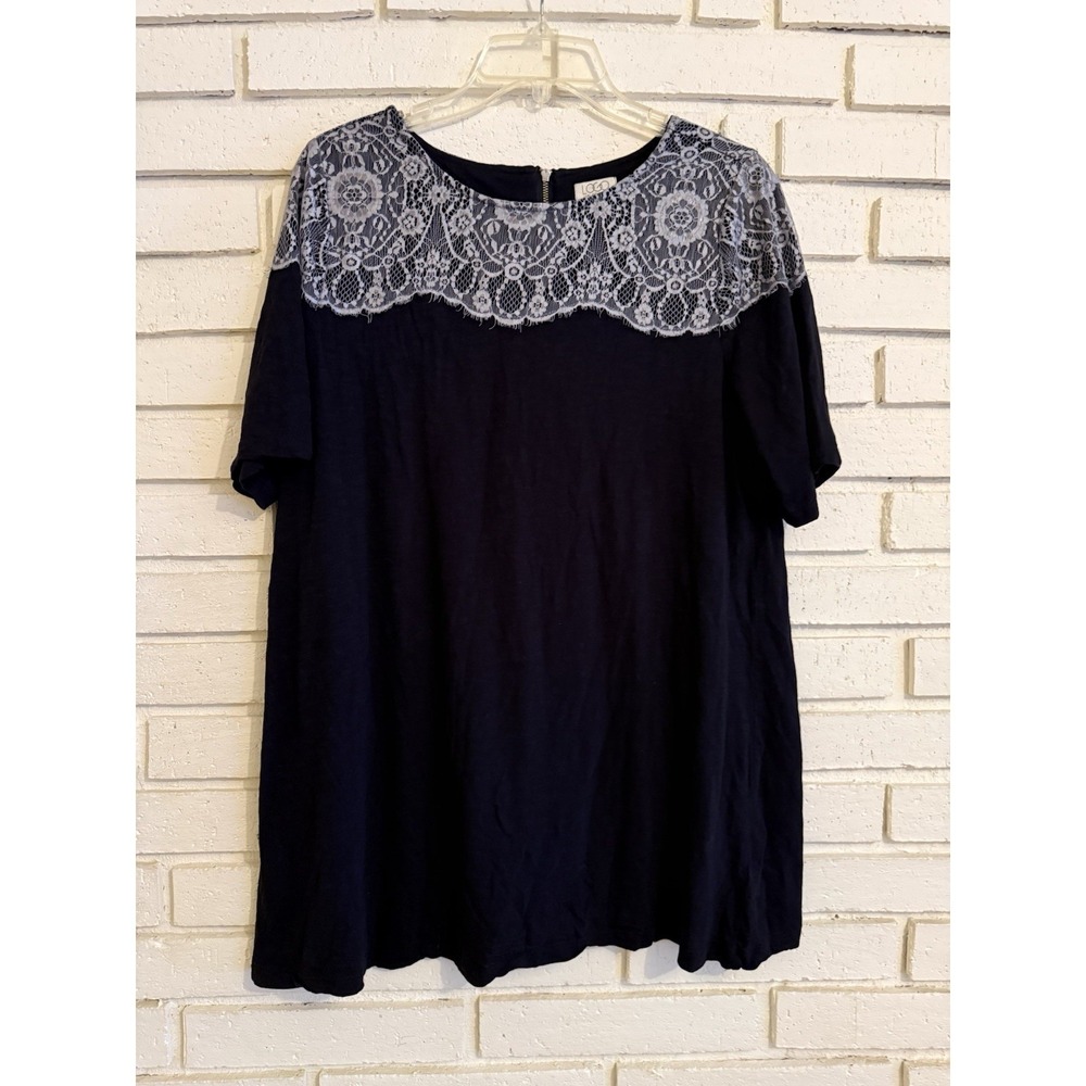 LOGO by Lori Goldstein Short Sleeve Top with Lace Trim- Black Size Large